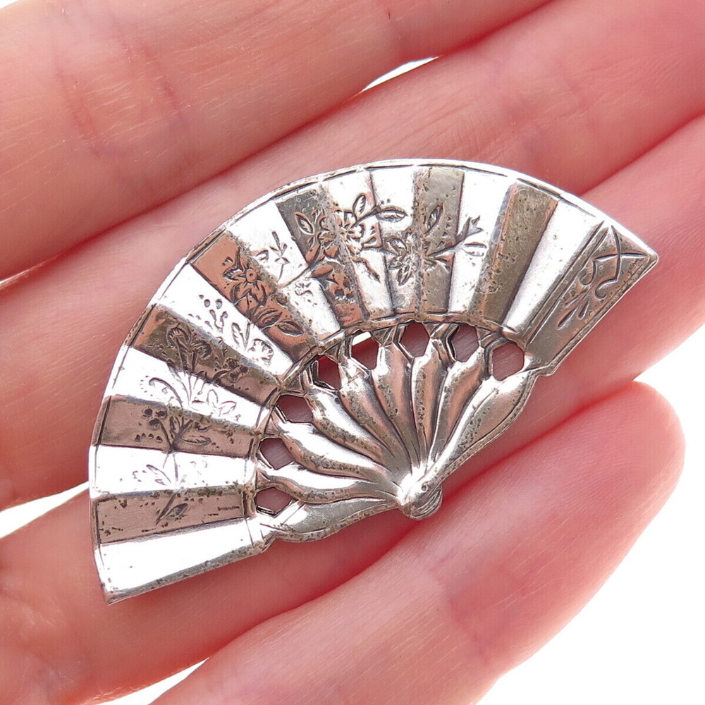 JewelArt 925 Sterling Silver Antique Art Deco Fan Oxidized Pin Brooch